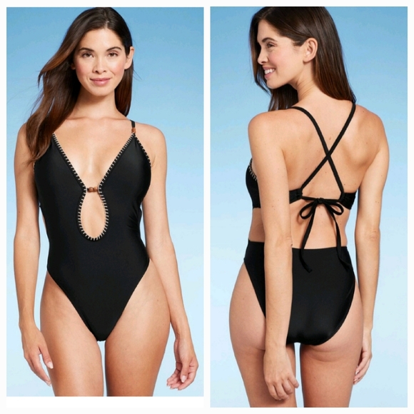 NEW! Shade & Shore Black Plunge Bead Detail One Piece Swimsuit Size XS - Picture 1 of 7